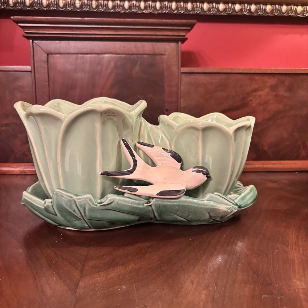 Vintage McCoy Art Pottery Double Tulip Planter Swallow Bird Green 1940s USA